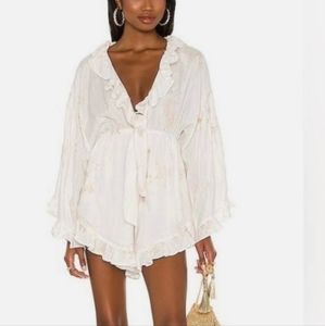 NWT Free People Whilte Romper Small with Ruffles, V-neck, Front-tie, Pockets